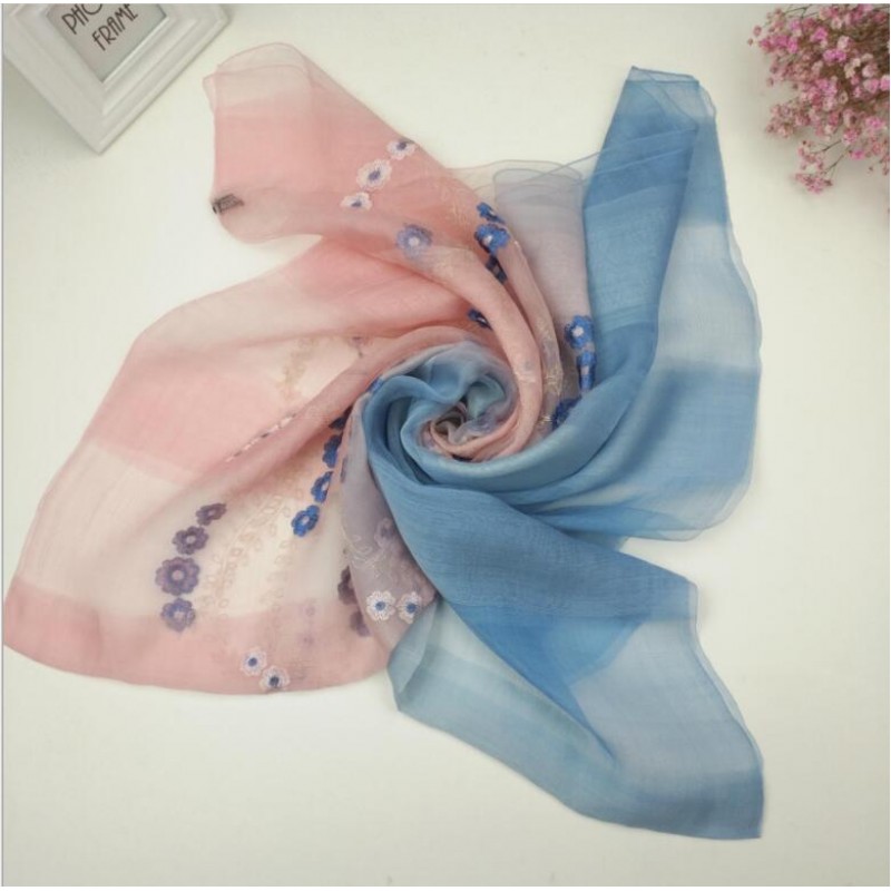 Wool Silk Scaves Pink Blue Plaid Women Summer Scarf